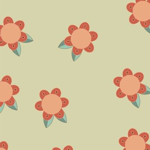 Retro coral blooms with a hand-drawn feel on mint green.