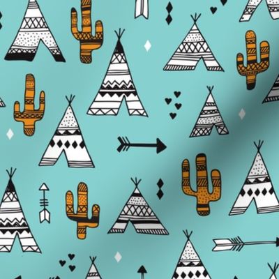 Cute indian summer teepee tent camping and arrow cactus western woodland theme in blue and orange