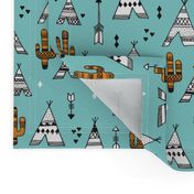 Cute indian summer teepee tent camping and arrow cactus western woodland theme in blue and orange
