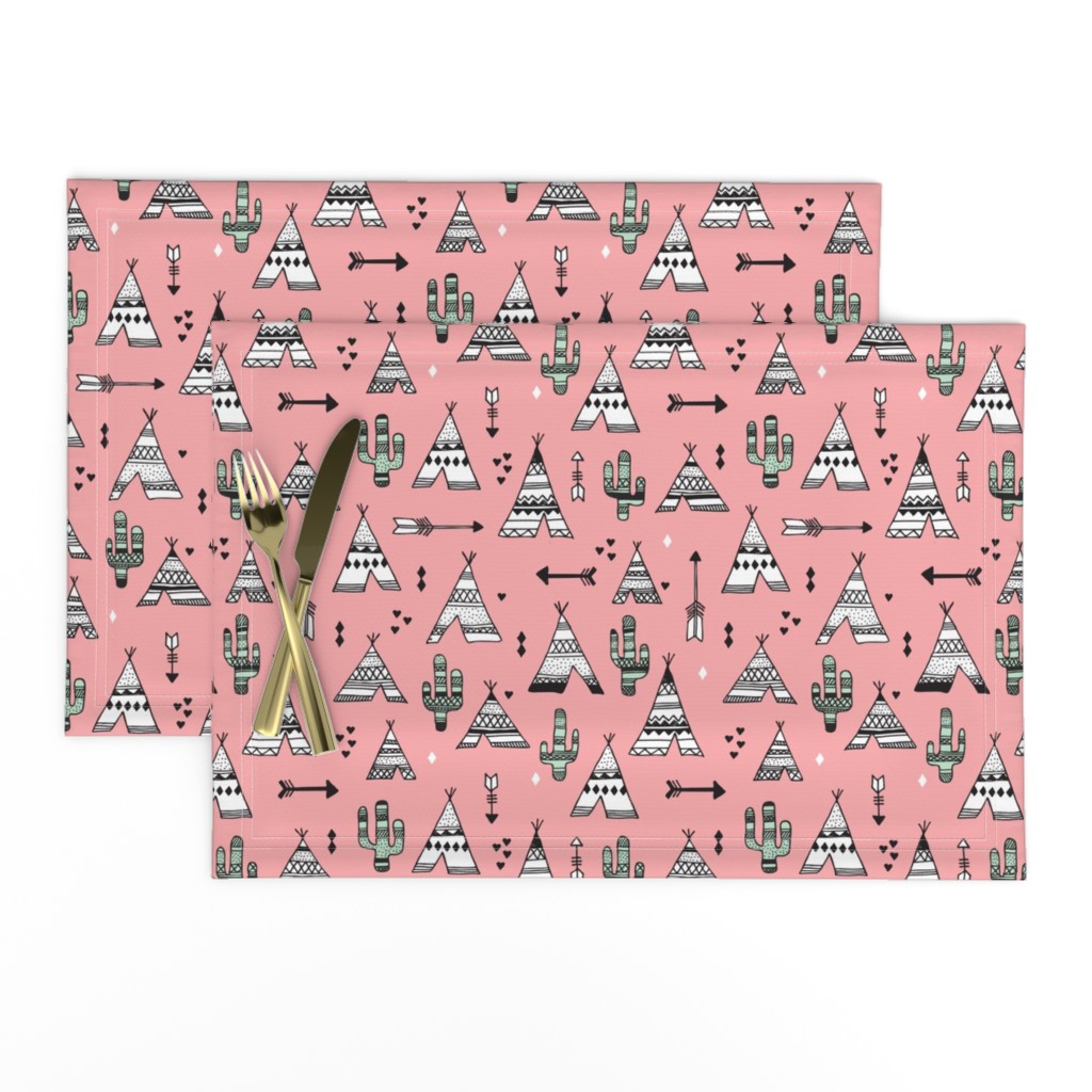 Cute indian summer teepee tent camping and arrow cactus western woodland theme in pink and mint