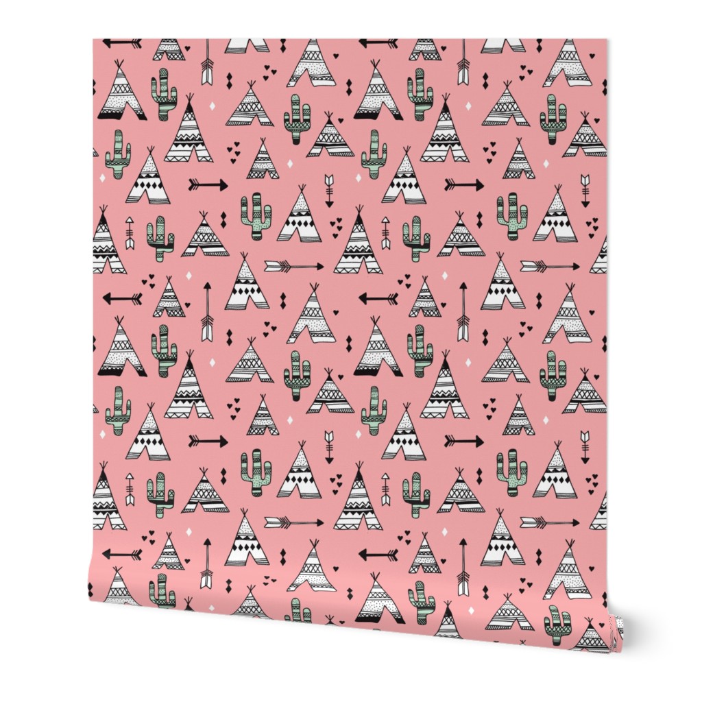 Cute indian summer teepee tent camping and arrow cactus western woodland theme in pink and mint