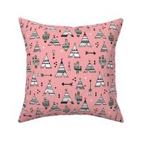 Cute indian summer teepee tent camping and arrow cactus western woodland theme in pink and mint