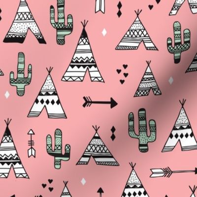 Cute indian summer teepee tent camping and arrow cactus western woodland theme in pink and mint
