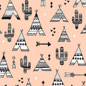Cute indian summer teepee tent camping and arrow cactus western woodland theme in gender neutral soft pastel colors
