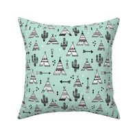 Cute indian summer teepee tent camping and arrow cactus western woodland theme in mint black and white