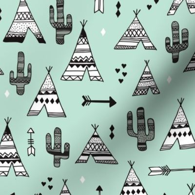 Cute indian summer teepee tent camping and arrow cactus western woodland theme in mint black and white