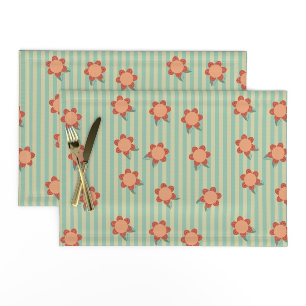 Whimsical coral flowers on mint and cream stripes.