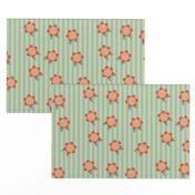 Whimsical coral flowers on mint and cream stripes.