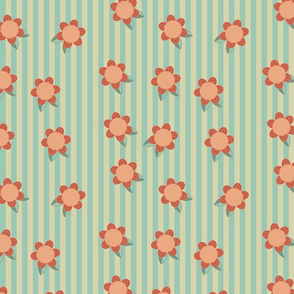 Whimsical coral flowers on mint and cream stripes.