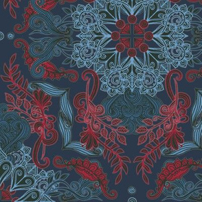 Vintage Fancy - a doodle pattern in red, deep teal and navy