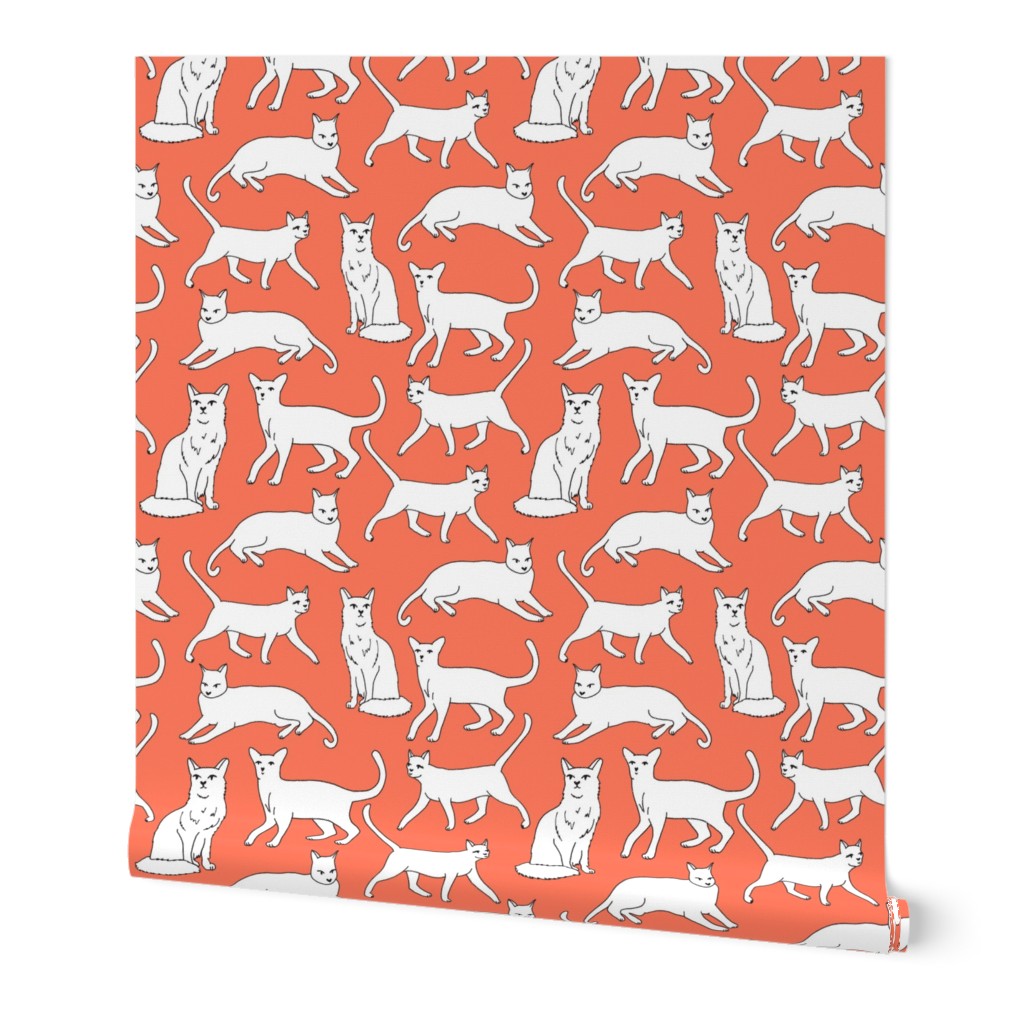 cats // orange coral cat fabric for cat ladies cute illustrated cats