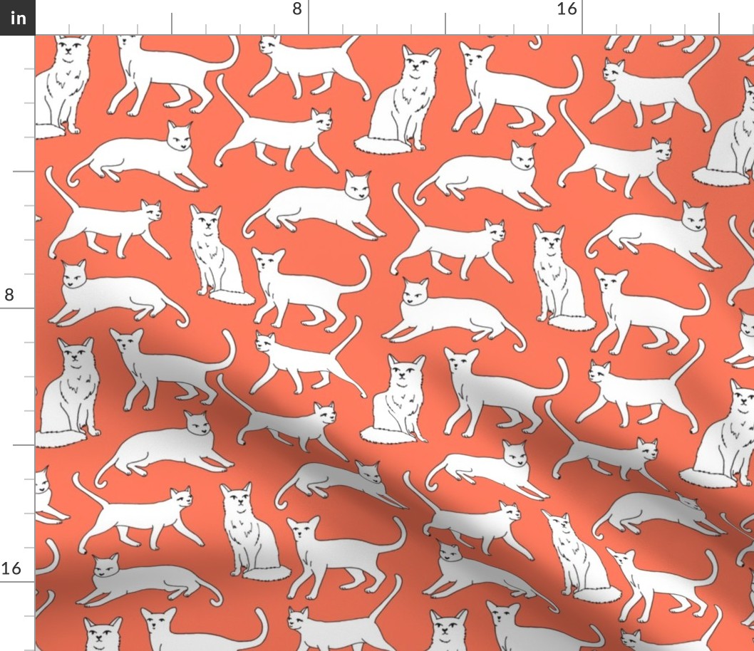 cats // orange coral cat fabric for cat ladies cute illustrated cats