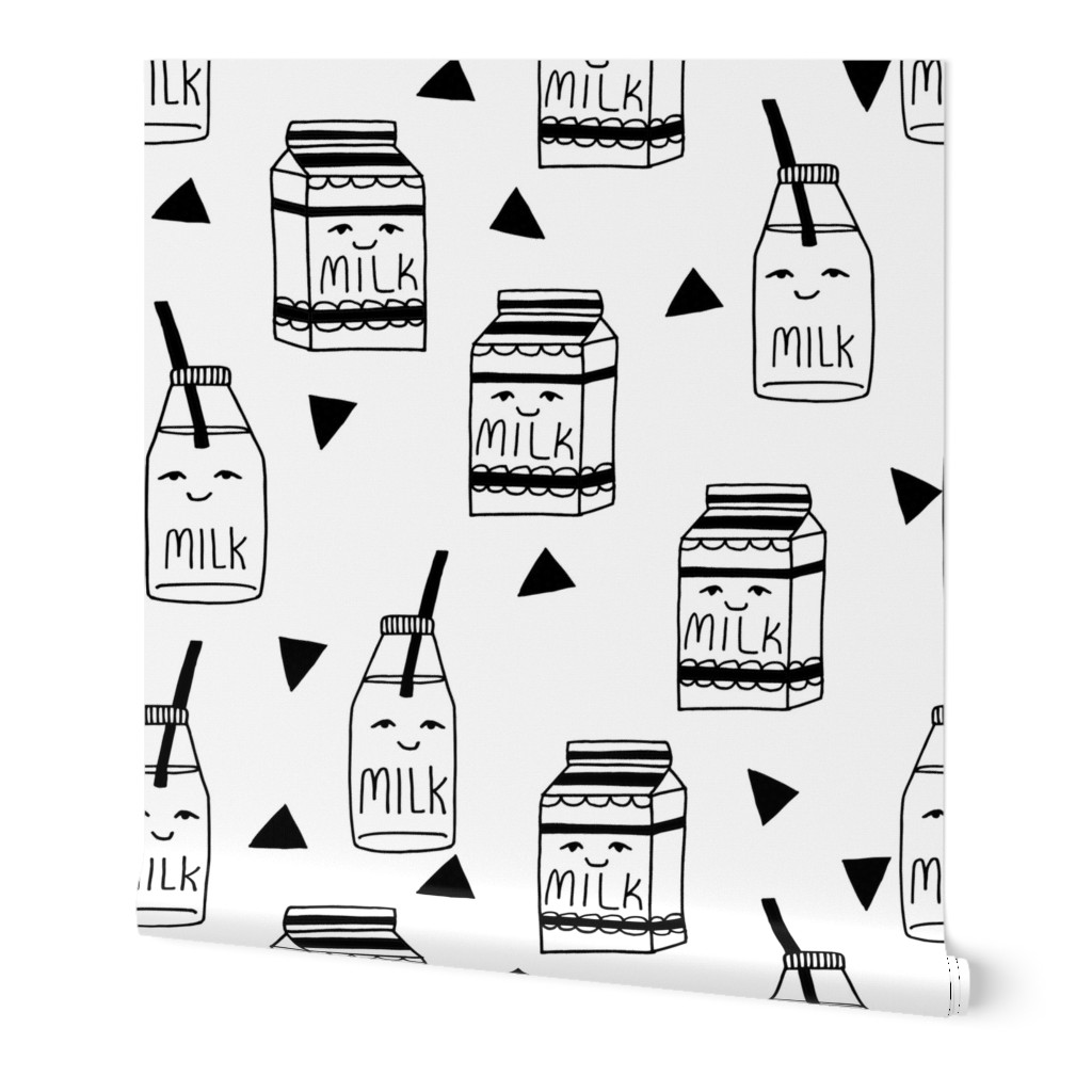 milk // black and white kids food hand-drawn illustration fabric pattern