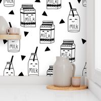 milk // black and white kids food hand-drawn illustration fabric pattern