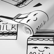 milk // black and white kids food hand-drawn illustration fabric pattern
