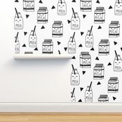 milk // black and white kids food hand-drawn illustration fabric pattern