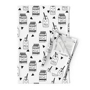 milk // black and white kids food hand-drawn illustration fabric pattern