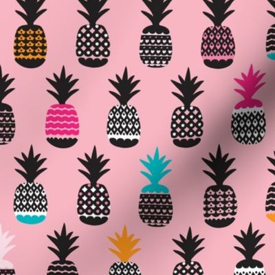 Fun black and white pink and blue color pops geometric pineapple fruit summer beach theme illustration pattern