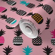 Fun black and white pink and blue color pops geometric pineapple fruit summer beach theme illustration pattern