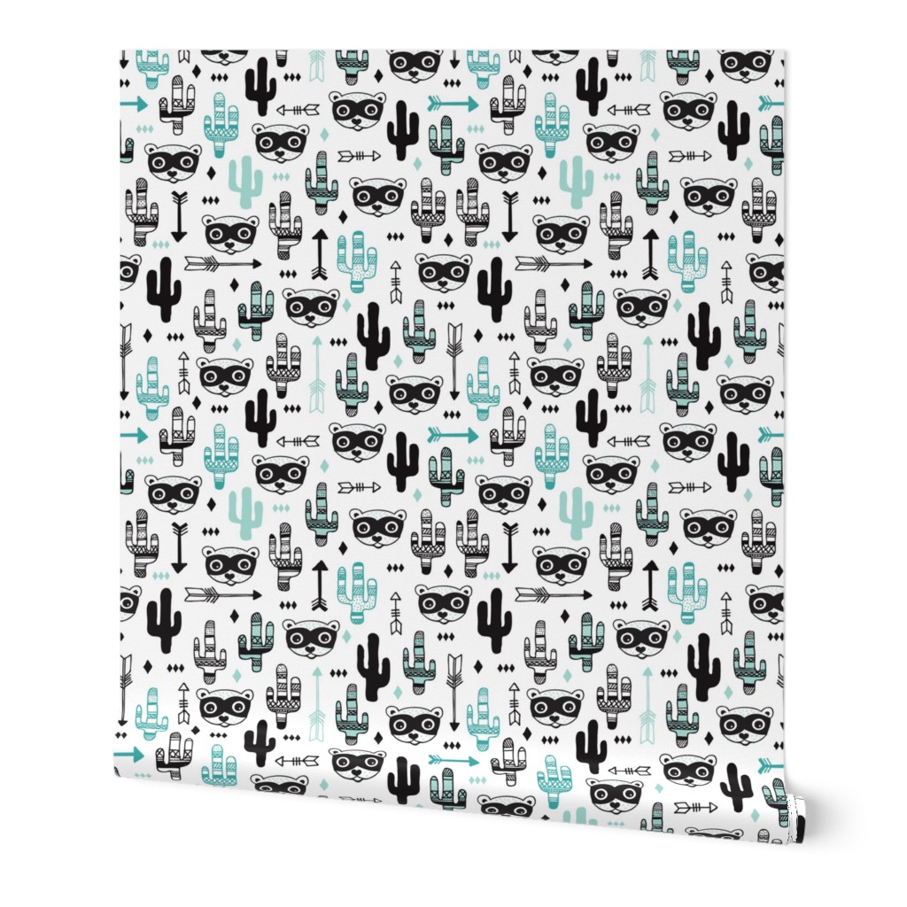 Fun Mint blue pastel raccoon cactus garden indian summer arrow geometric illustration pattern kids print