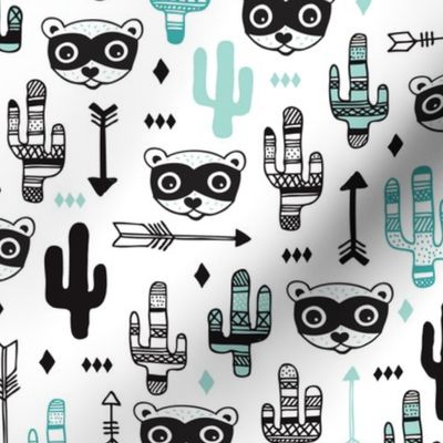 Fun Mint blue pastel raccoon cactus garden indian summer arrow geometric illustration pattern kids print