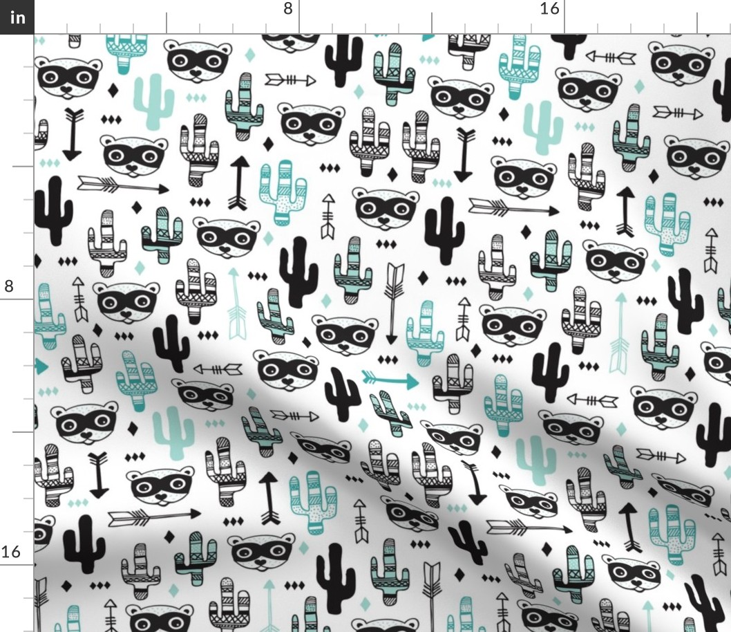 Fun Mint blue pastel raccoon cactus garden indian summer arrow geometric illustration pattern kids print