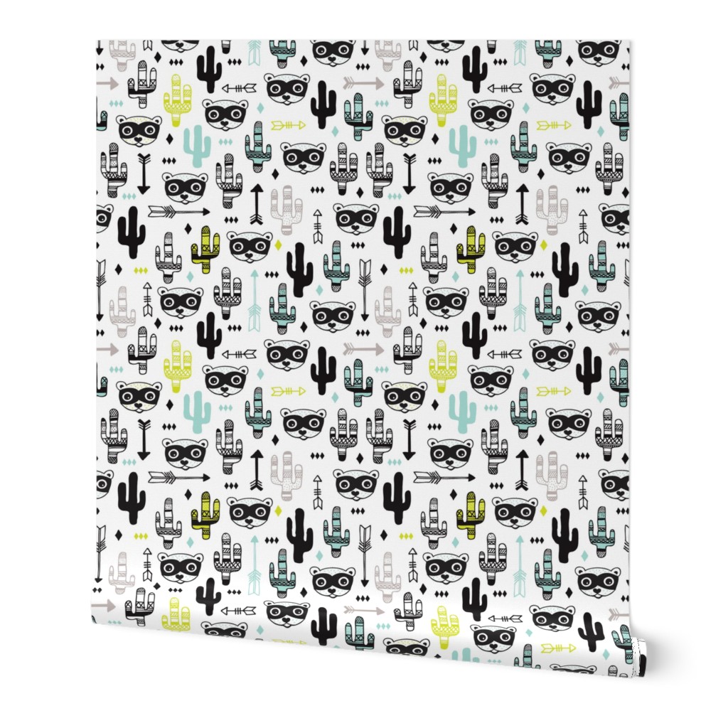 Fun mint blue and yellow raccoon cactus garden indian summer arrow geometric illustration pattern kids print