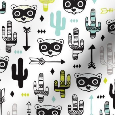 Fun mint blue and yellow raccoon cactus garden indian summer arrow geometric illustration pattern kids print