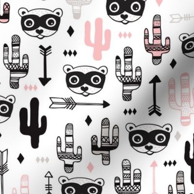 Fun pink raccoon cactus garden indian summer arrow geometric illustration pattern kids print