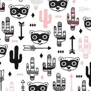 Fun pink raccoon cactus garden indian summer arrow geometric illustration pattern kids print