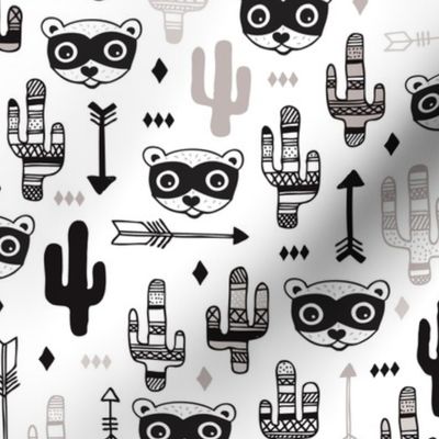 Fun raccoon cactus garden indian summer arrow geometric illustration pattern kids print