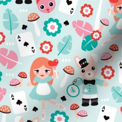 Alice in wonderland and mad hatter cat and cards fairy tale theme illustration pattern design for kids