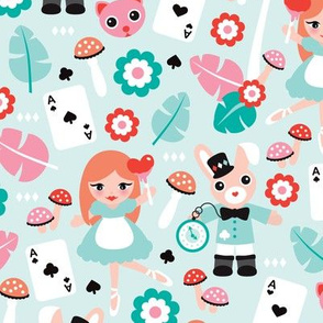 Alice in wonderland and mad hatter cat and cards fairy tale theme illustration pattern design for kids