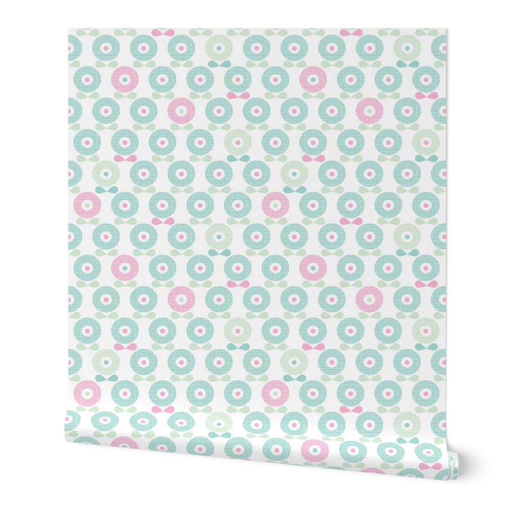 Sweet pastel blue and mint spring poppy flowers blossom retro style garden pattern