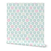 Sweet pastel blue and mint spring poppy flowers blossom retro style garden pattern