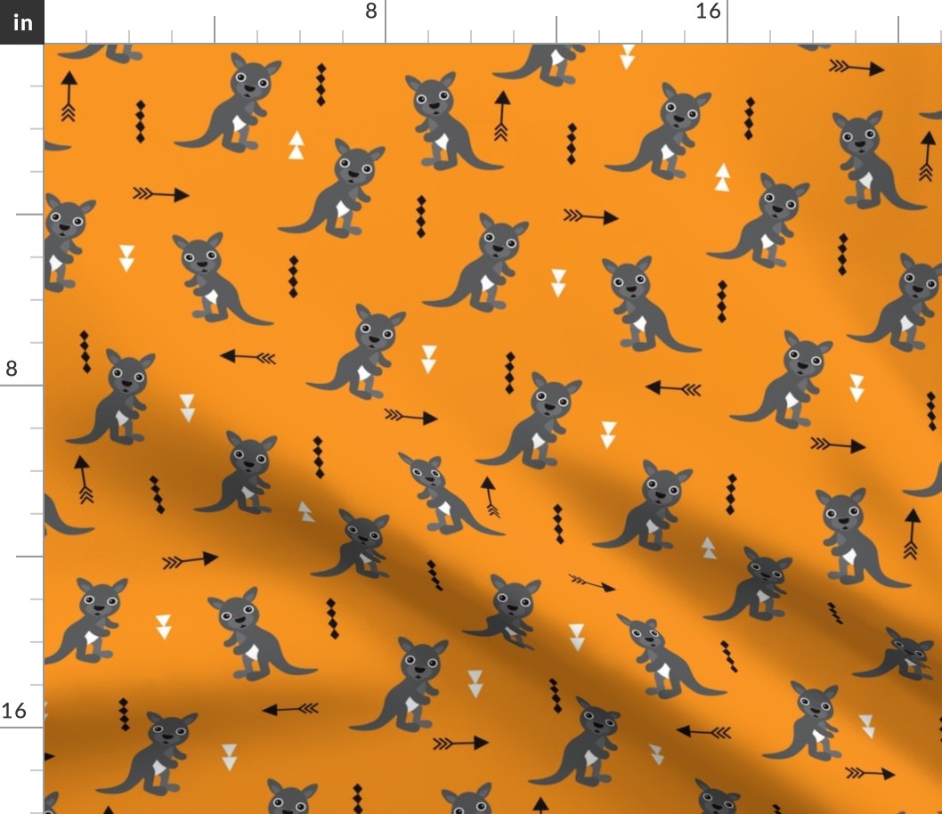 Hot orange adorable geometric kangaroo illustration australia kids pattern design