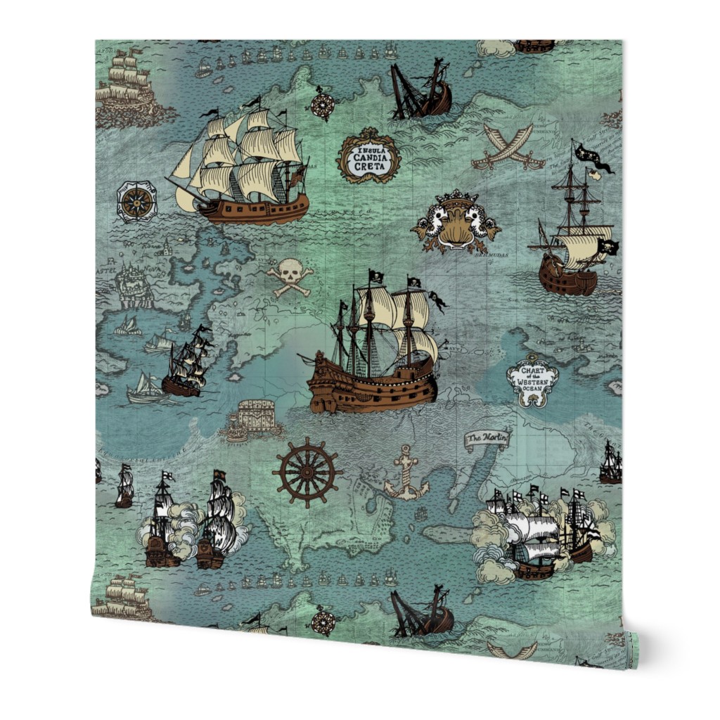 Pirate Ships Map Blue Big Repeat