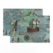 Pirate Ships Map Blue Big Repeat