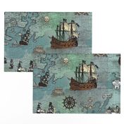 Pirate Ships Map Blue Big Repeat