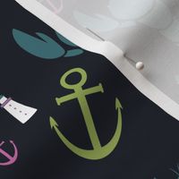 Maritime Icons - Lime and Pink on Navy
