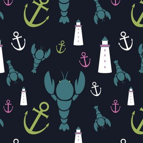 Maritime Icons - Lime and Pink on Navy