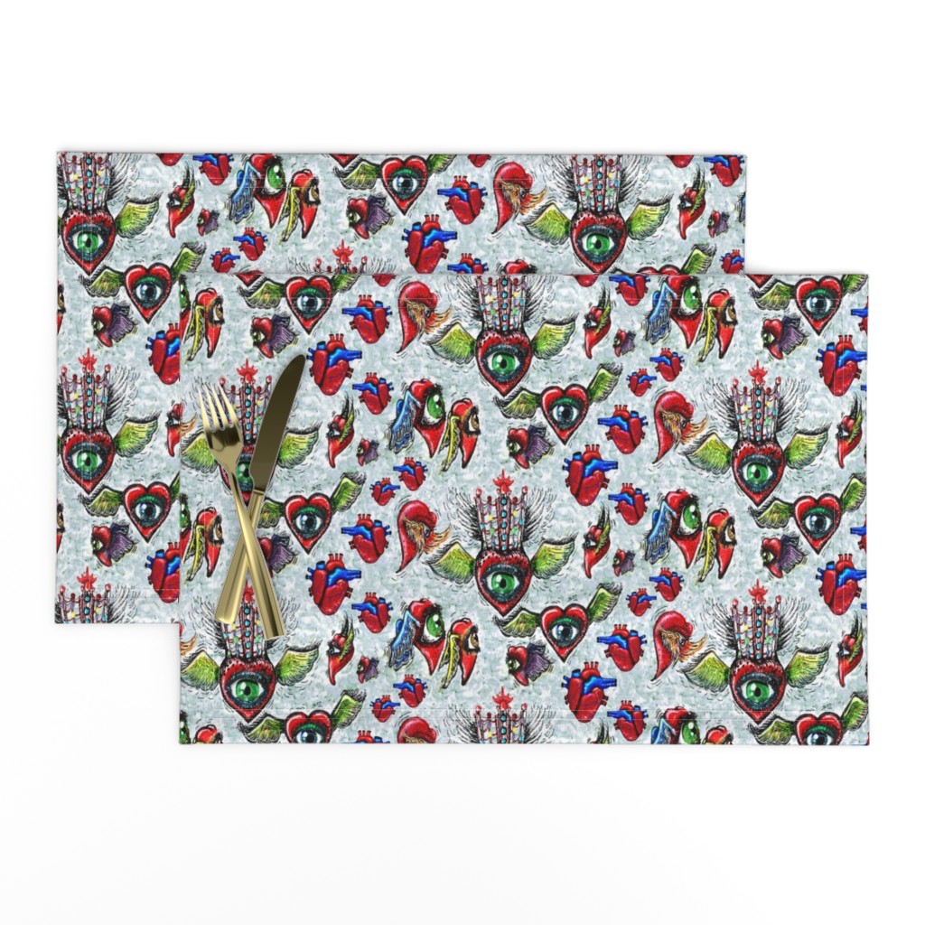 Eye Heart You! or Queen of Hearts, large scale, green gray blue grey