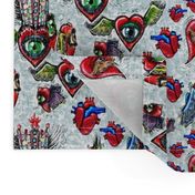 Eye Heart You! or Queen of Hearts, large scale, green gray blue grey