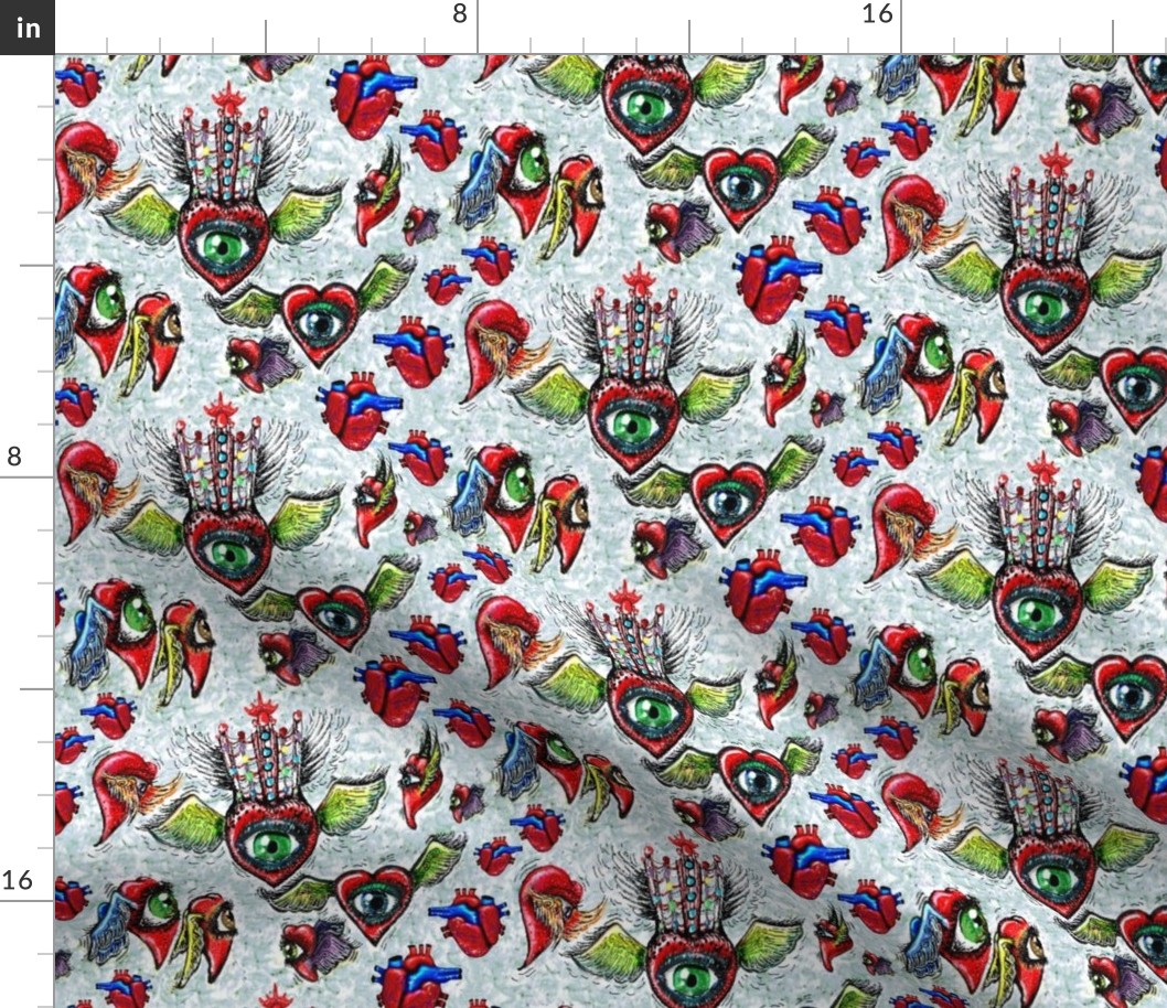 Eye Heart You! or Queen of Hearts, large scale, green gray blue grey