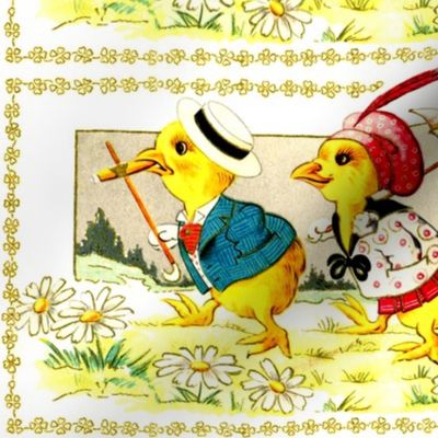 chicks chickens canes parasols daisy daisies flowers meadows fields trees vintage retro kitsch 