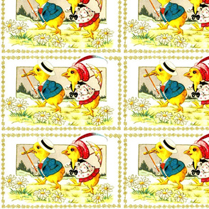 chicks chickens canes parasols daisy daisies flowers meadows fields trees vintage retro kitsch 