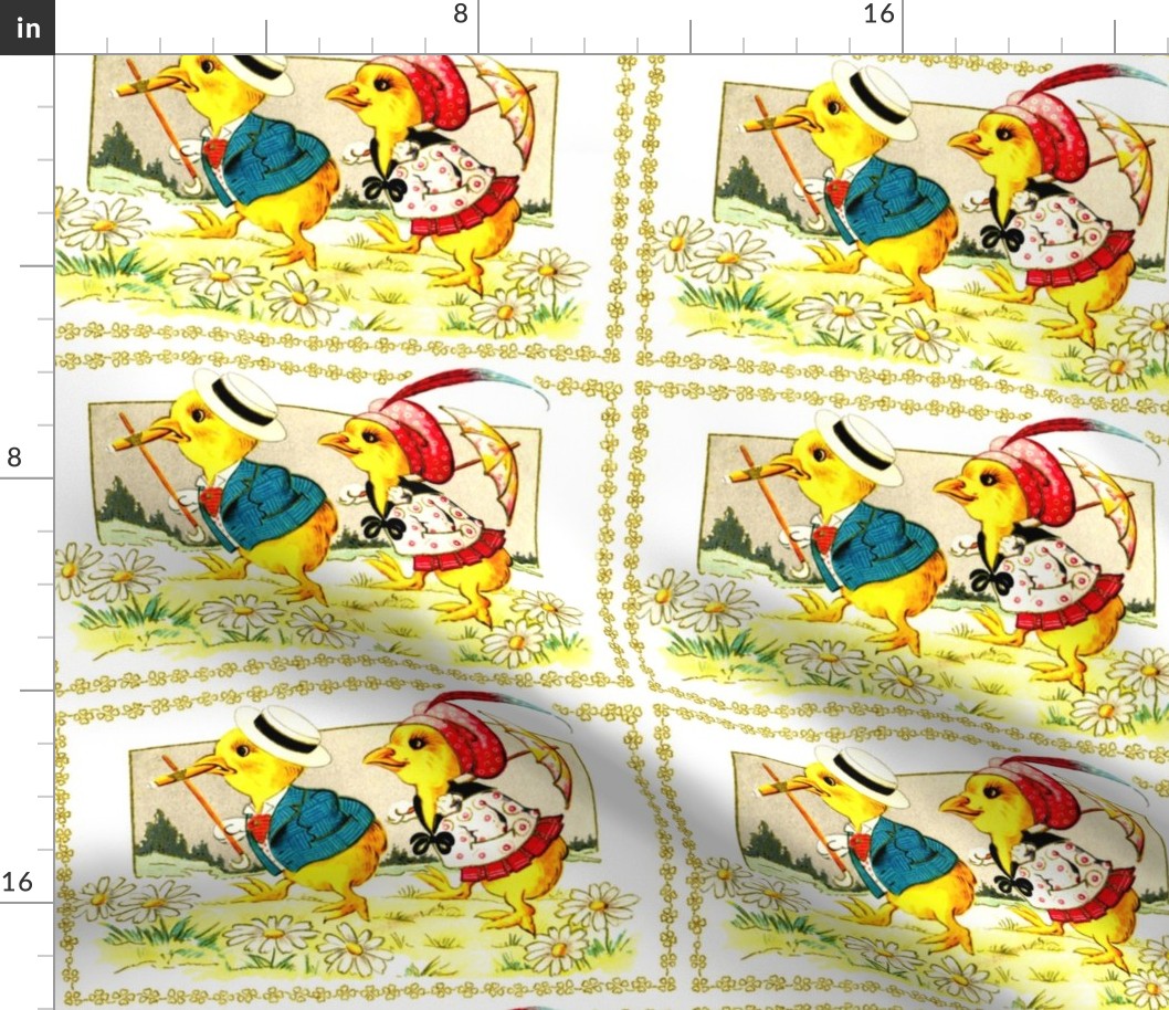 chicks chickens canes parasols daisy daisies flowers meadows fields trees vintage retro kitsch 