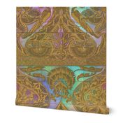 Merton Peacock Tiles ~ Gilt Gold on Irridescent Glass