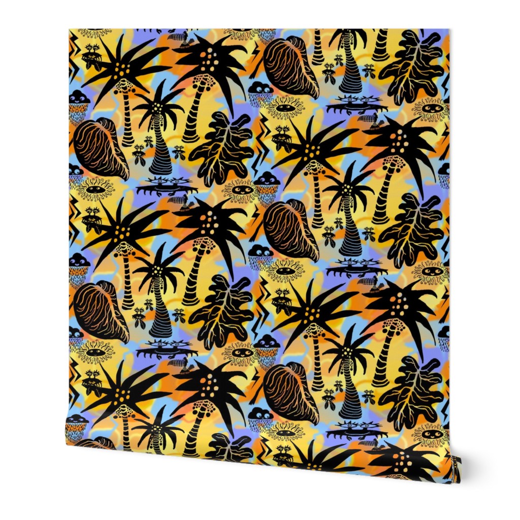 island life, small scale, blue lavender black yellow orange