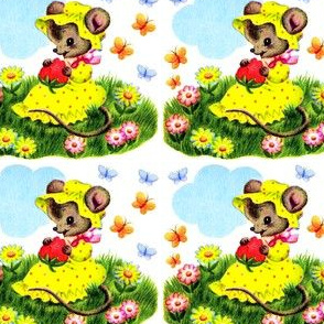 mouse mice rats flowers daisy daisies bonnets strawberry strawberries butterflies butterfly fields meadows clouds grass vintage retro kitsch